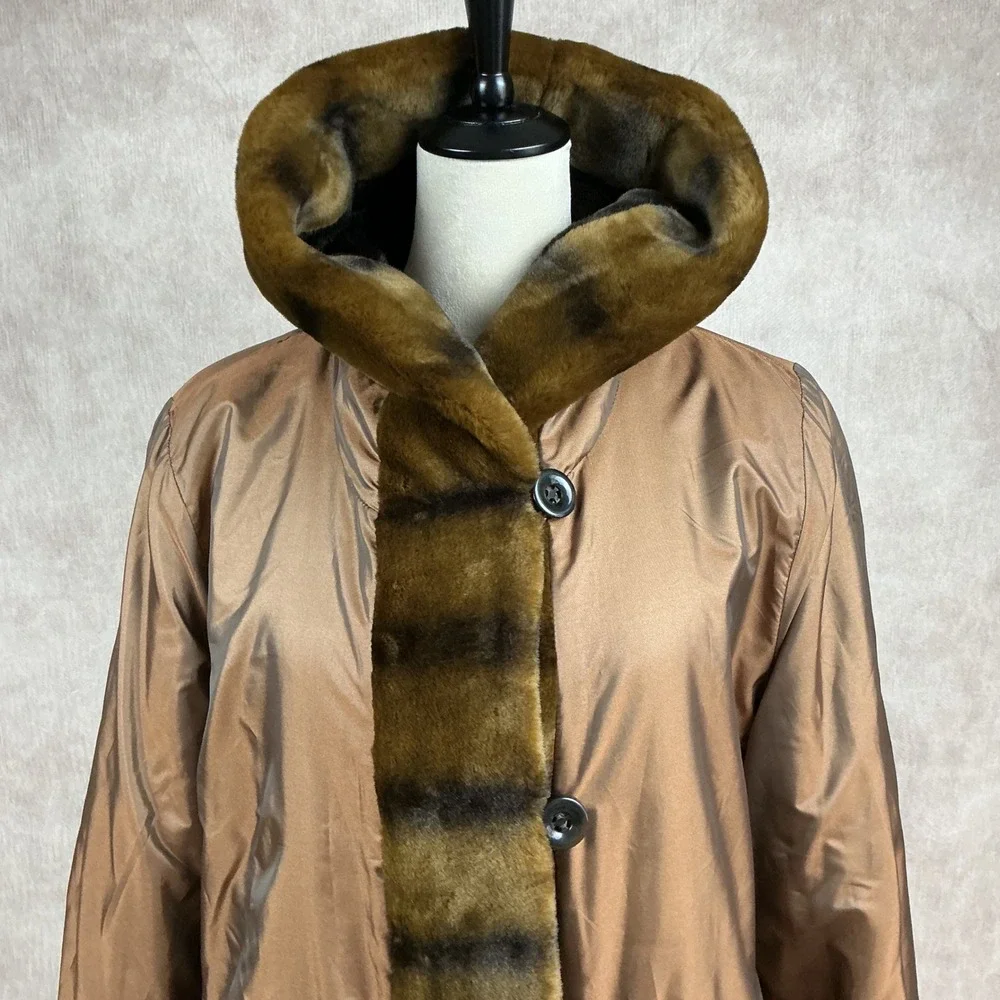 Dennis Basso Reversible Hooded Faux Fur & Nylon Trench Coat Women's Size L - Picture 7 of 7